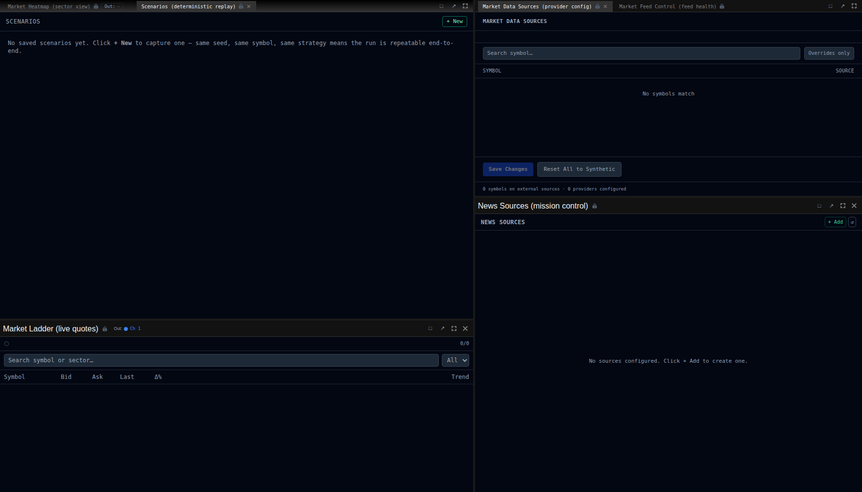 Scenarios panel: saved scenarios on the left, run history for the selected scenario on the right